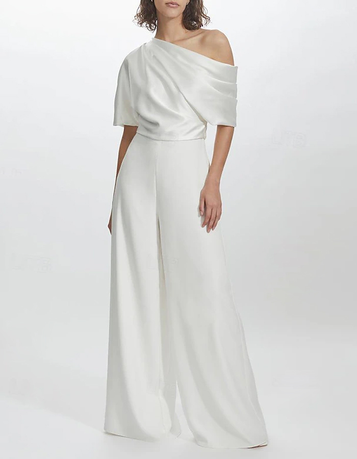 Solid Color Short-sleeved One-shoulder Jumpsuit