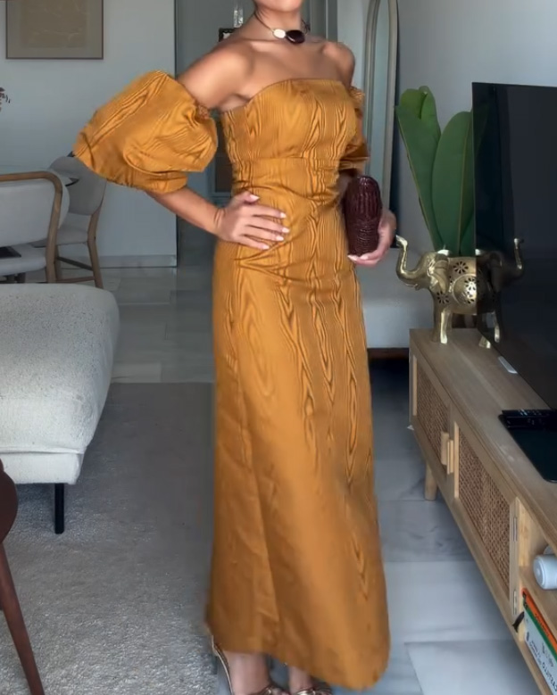 Solid-Color Printed Dress with Puff Sleeves