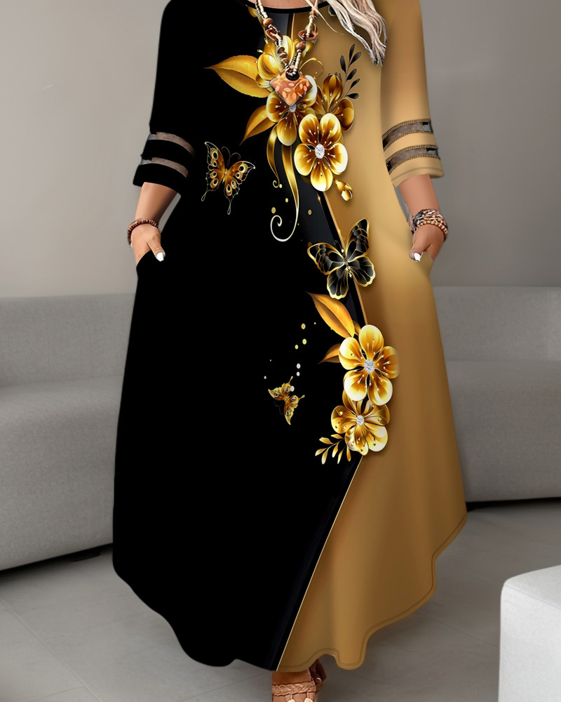 Plus Size Butterfly Floral Print Maxi Dress