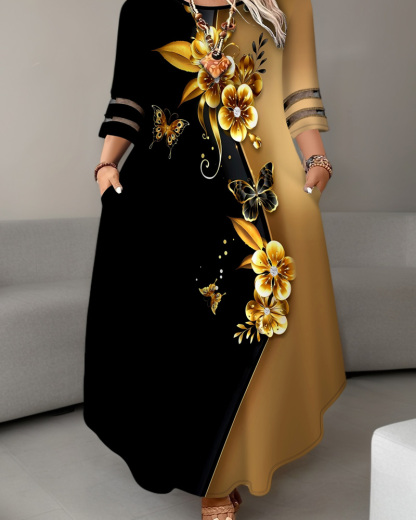 Plus Size Butterfly Floral Print Maxi Dress