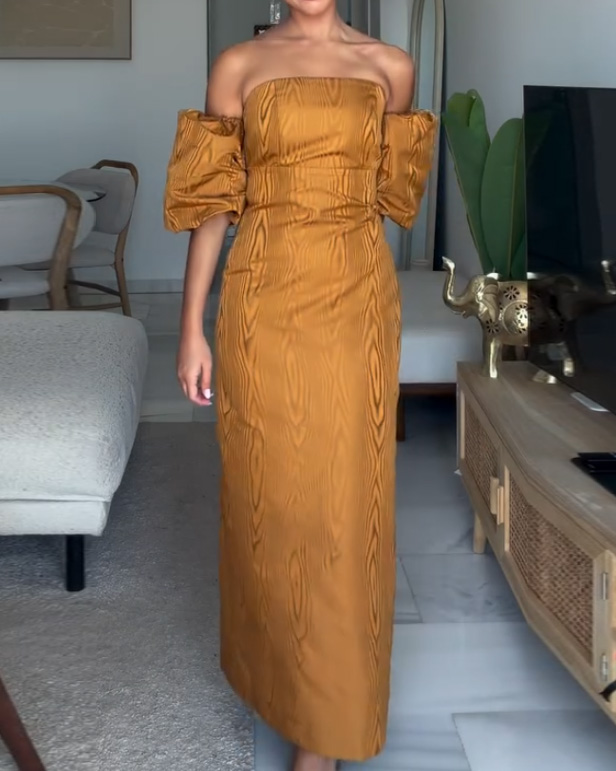 Solid-Color Printed Dress with Puff Sleeves