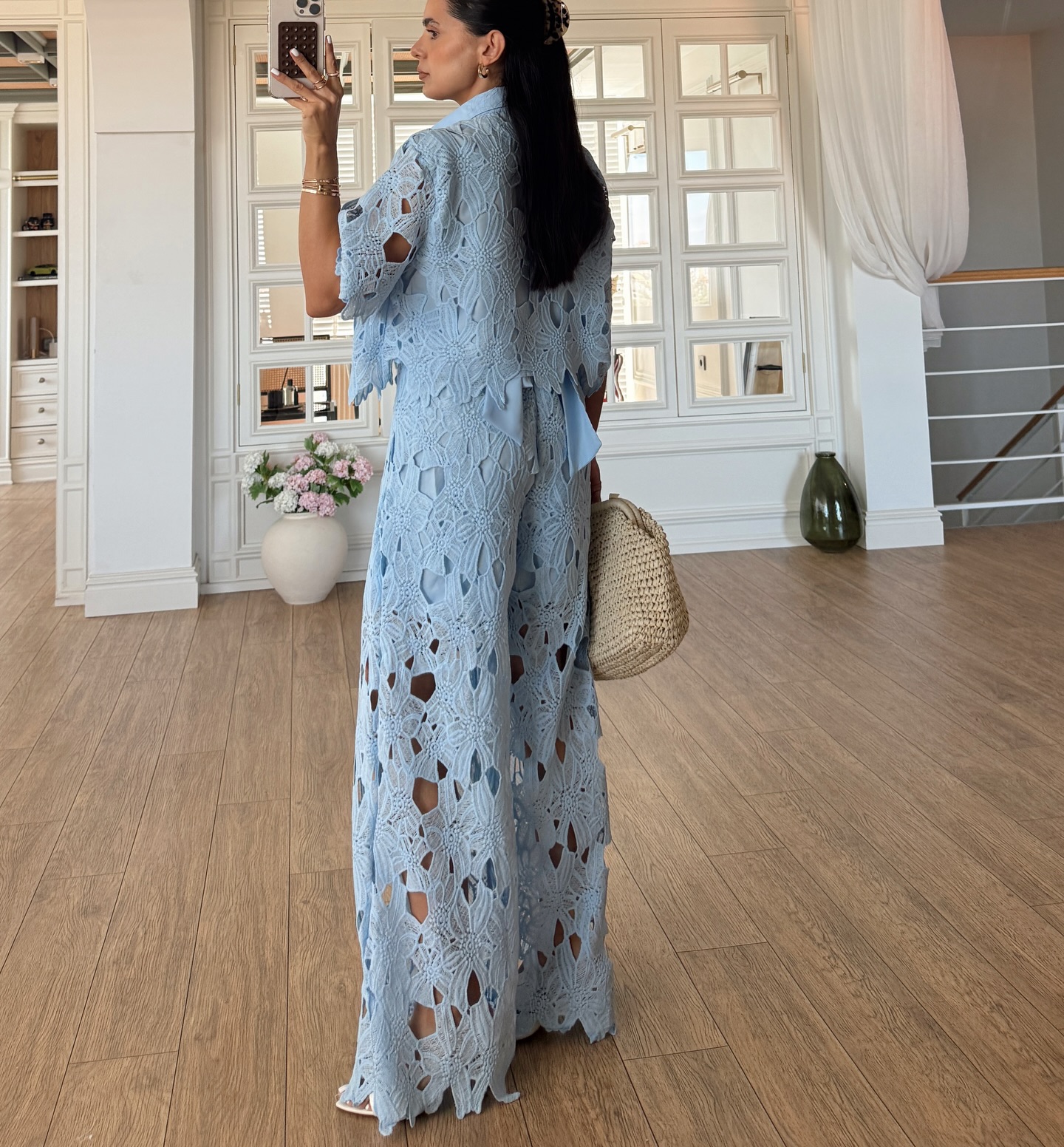 White Floral Lace 2 Piece Wide Leg Pants Set