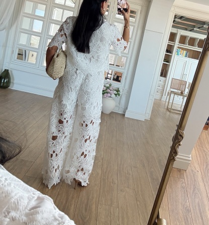 White Floral Lace 2 Piece Wide Leg Pants Set