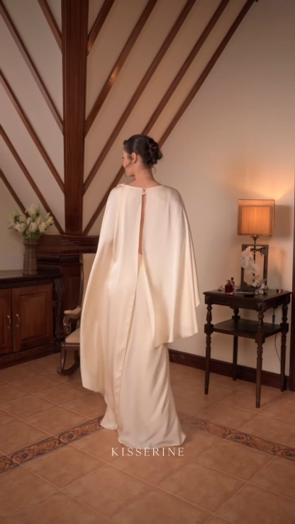 Cream Satin Formal Evening Maxi Dress