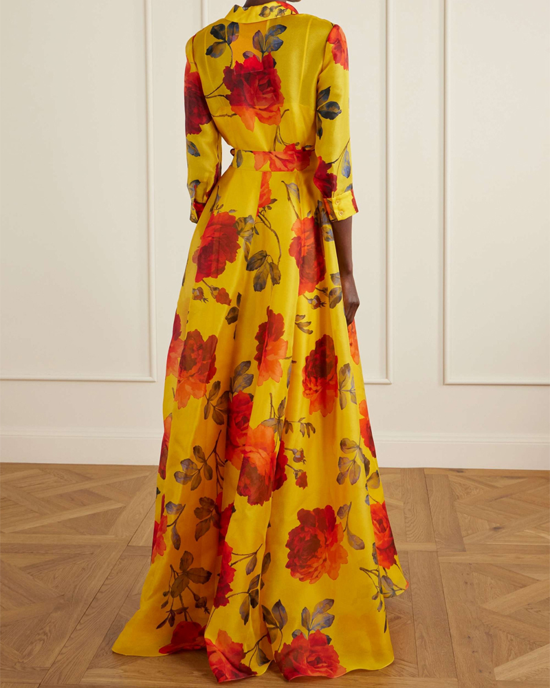 Elegant Floral Print Shirt Maxi Dress, Belted 3/4 Sleeve Chiffon Formal Evening Gown