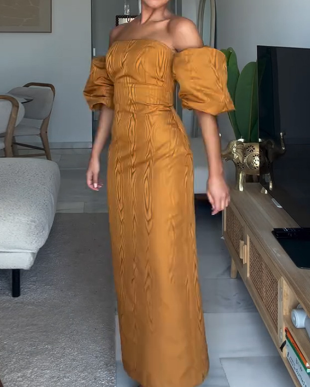Solid-Color Printed Dress with Puff Sleeves