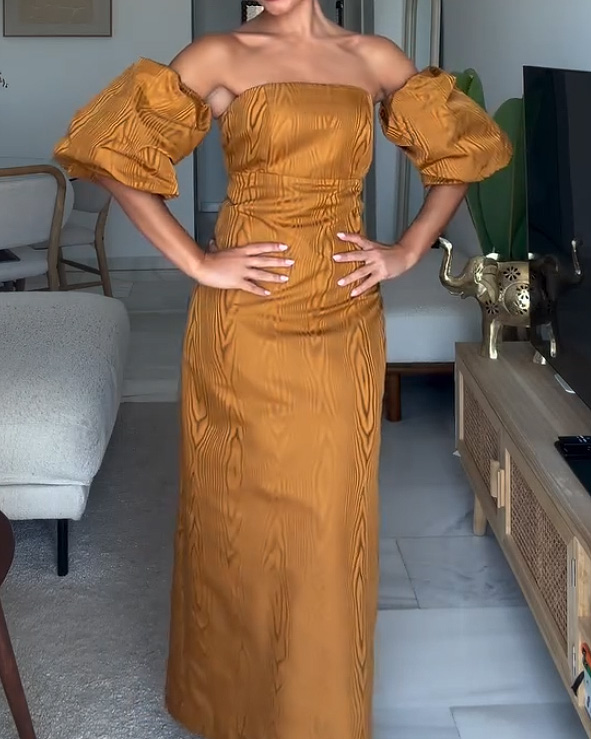Solid-Color Printed Dress with Puff Sleeves