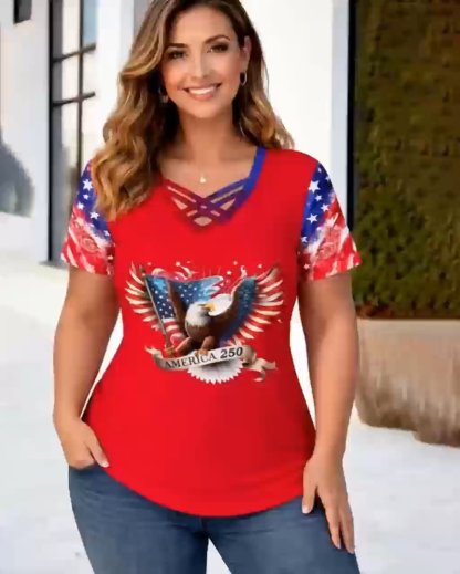 Plus Size America 250 Eagle Print Criss Cross Neck T-Shirt