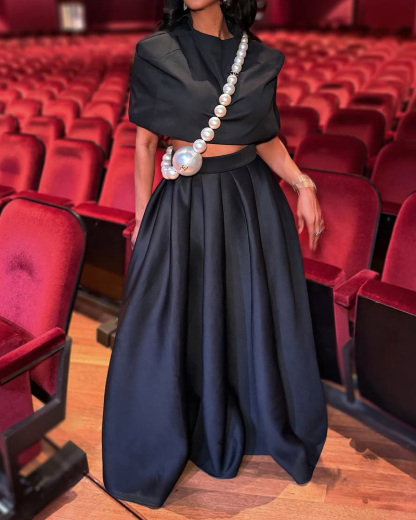 Solid-Color Two-Piece Set with Shawl-Style Top