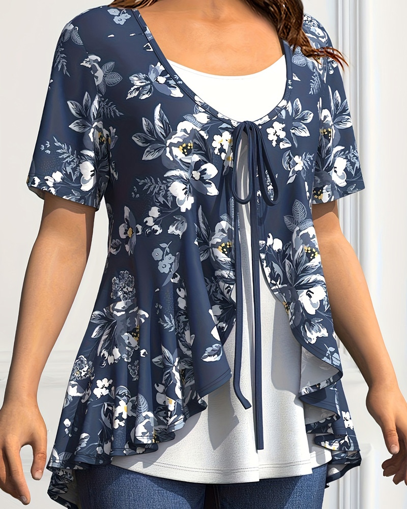 Plus Size Women's Chiffon Spliced Fake Two Piece Top