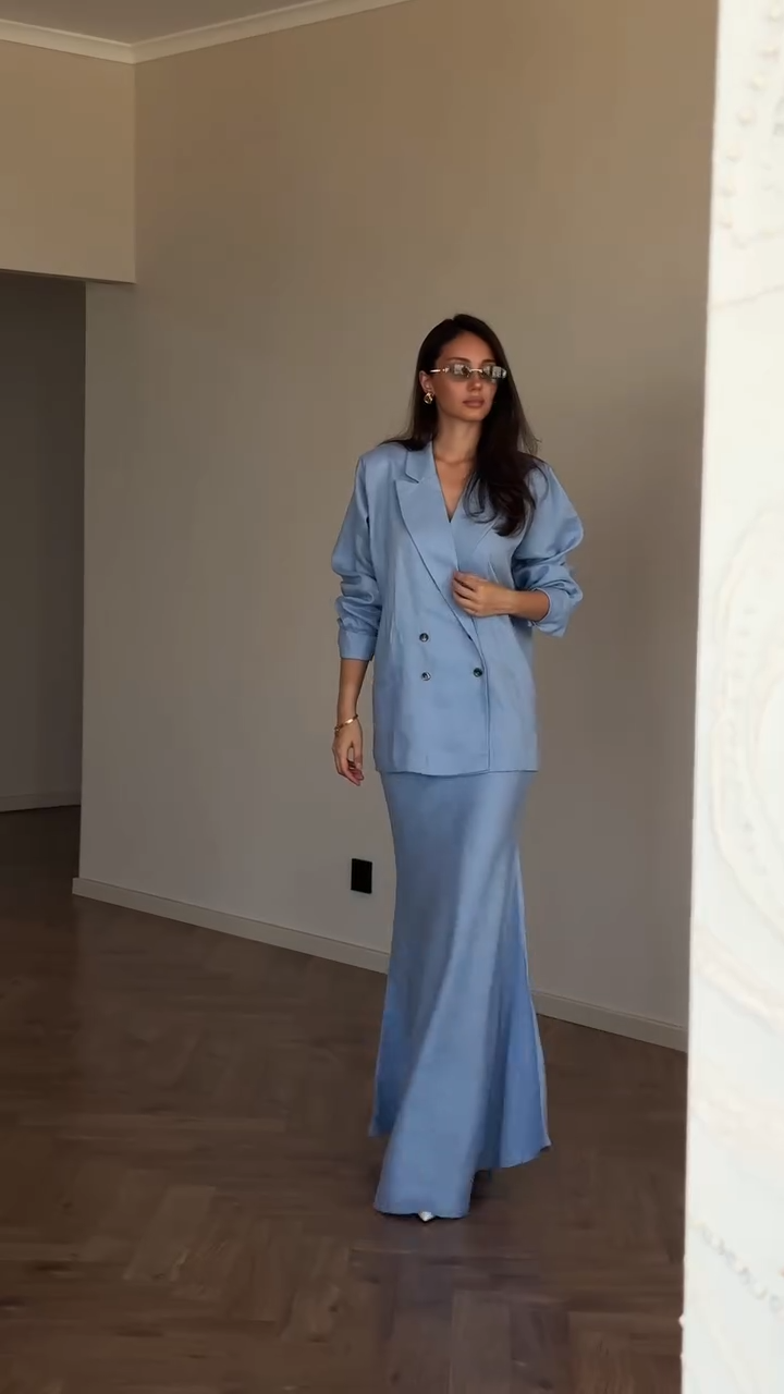 Light Blue Oversized Blazer & Maxi Skirt Set