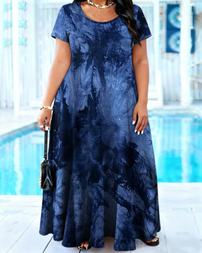 Plus Size Blue Tie Dye Pocket Maxi Dress