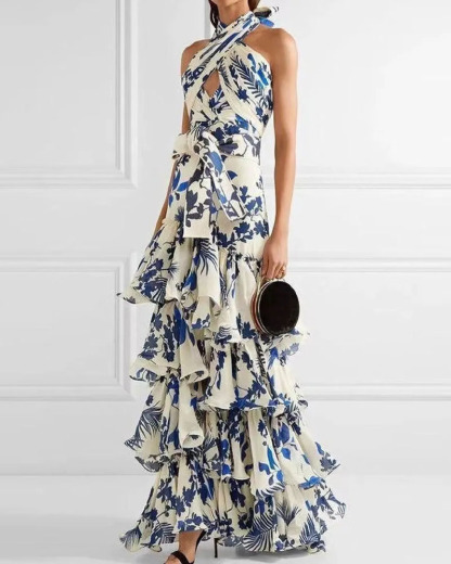 Bohemian Vacation Style Ruffled Print Dress Sleeveless