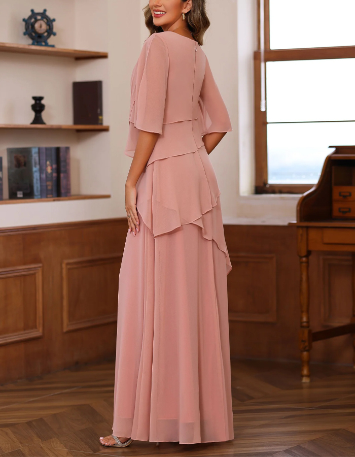 Solid Color Chiffon With Irregular Layering Maxi Dress