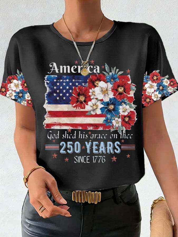 Plus Size Women's 250th Anniversary National Flag Floral Print Casual T-Shirt