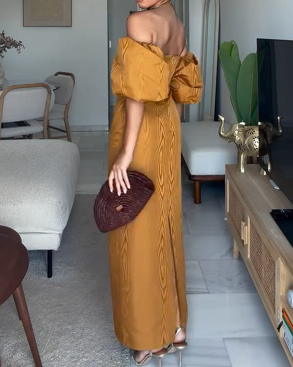 Solid-Color Printed Dress with Puff Sleeves