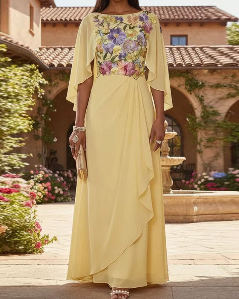 Scoop-Neck Cape-Sleeves Jacquard Chiffon Pleated Floor-Length A-Line Mother of the Bride Dress