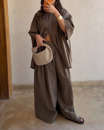 Casual Lapel Plaid Two-Piece Set