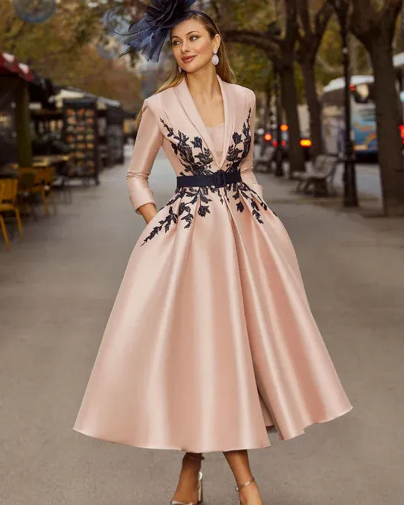 Elegant Pink Satin Embroidered Midi Dress