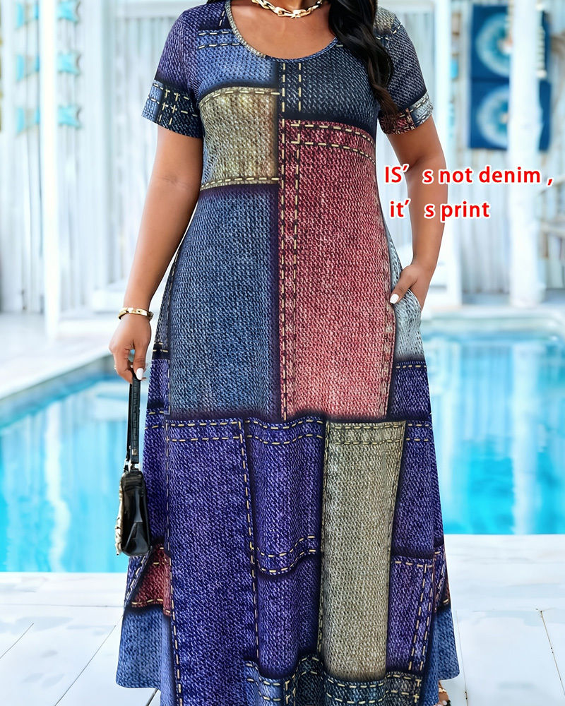 Plus Size Denim Look Patchwork Print Maxi Dress