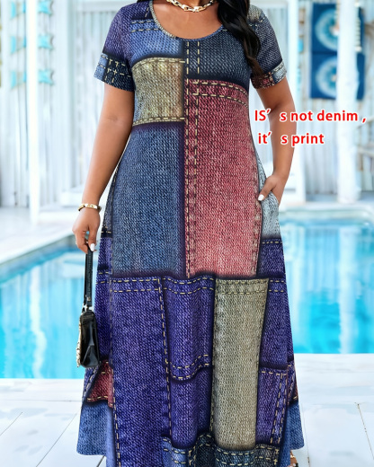 Plus Size Denim Look Patchwork Print Maxi Dress