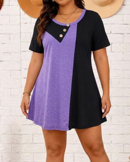 Plus Size Color Block Button Dress