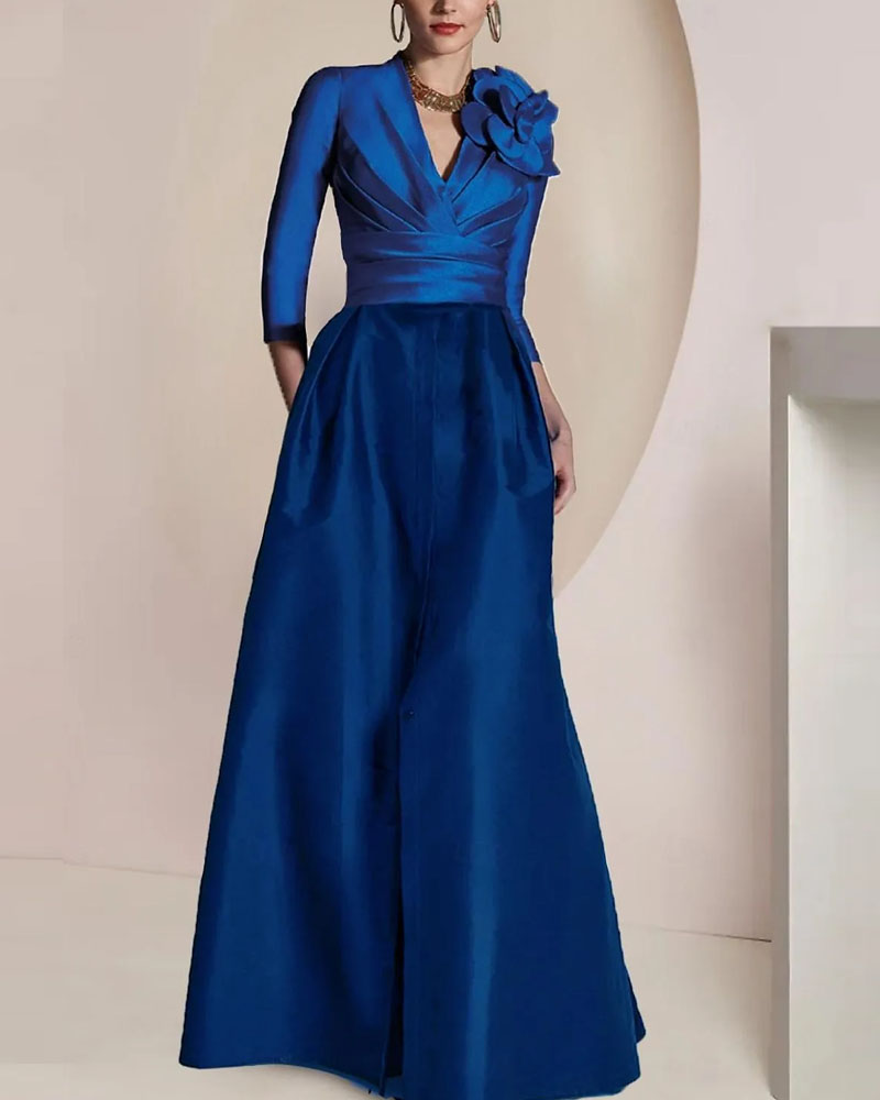 Flowers V-Neck Long Sleeve A-Line Side Slit Evening Dress