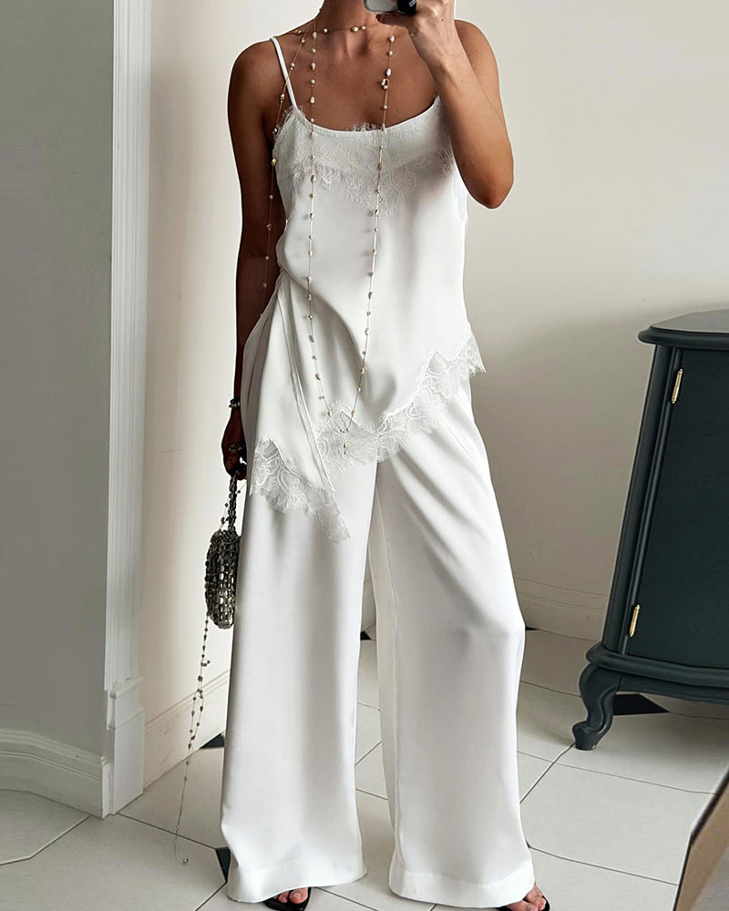 Lace Trim Cami and Satin Wide Leg Pants Two-Piece Set