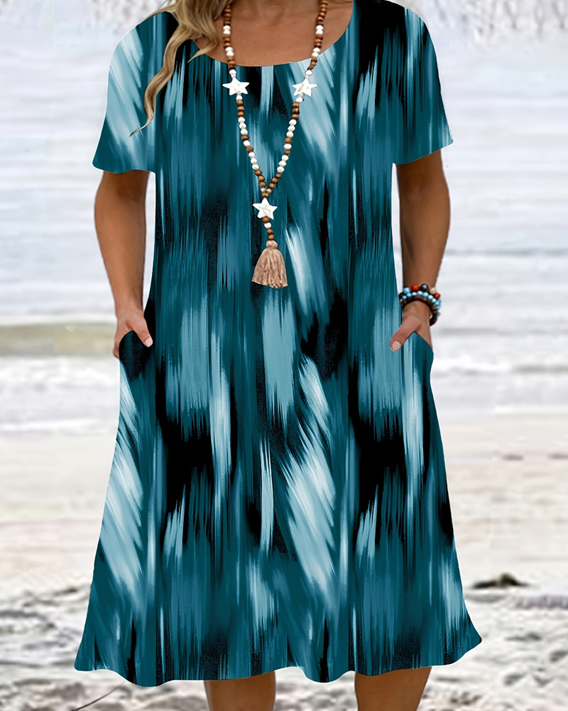 Plus Size Abstract Brushstroke Print Pocket Dress