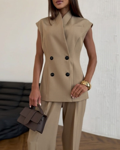 Double-Breasted Vest and Wide Leg Pants Two-Piece Set