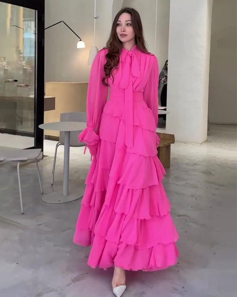 Bow Neck Long Sleeve Tiered Ruffle Maxi Dress