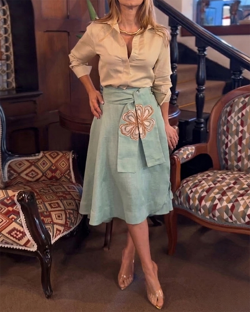 Two-piece set: collared solid color top + printed casual skirt