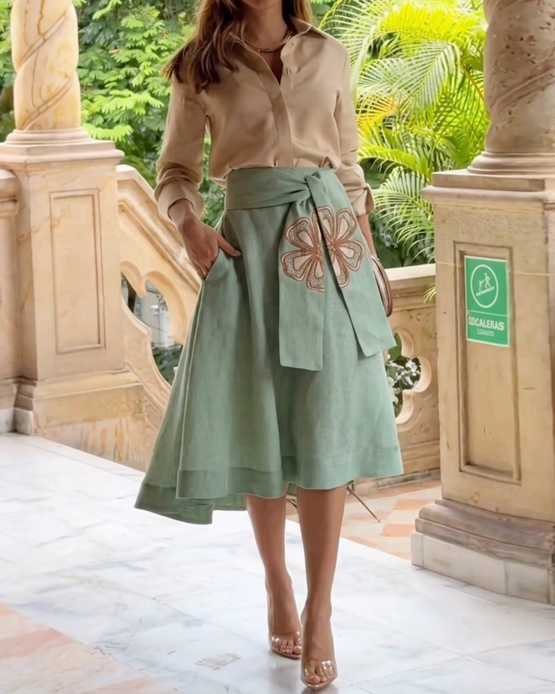 Two-piece set: collared solid color top + printed casual skirt