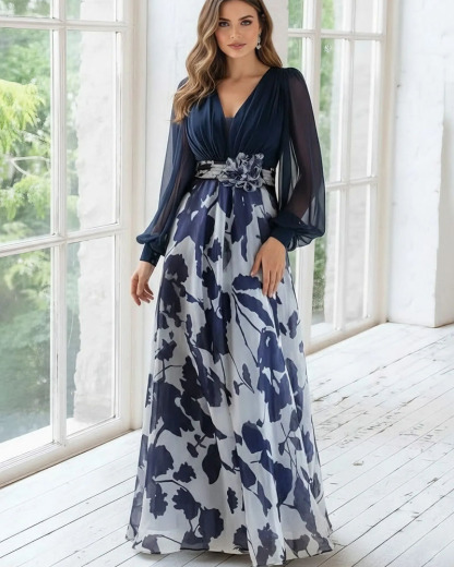 Navy Blue Floral Print Chiffon Long Sleeve Maxi Dress with Flower Belt