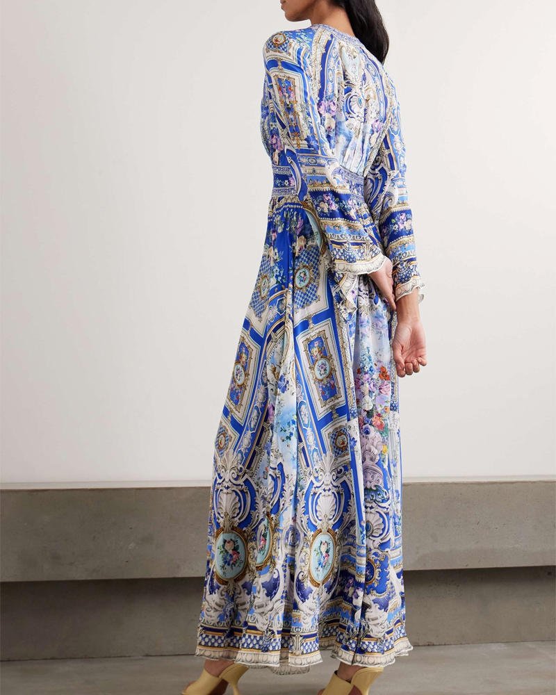 Boho Blue White Floral Print V Neck Flare Sleeve Maxi Dress, Vacation Long Dress