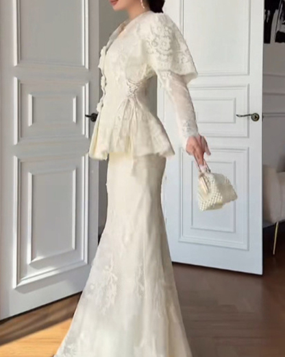 Women's French-Style Lace Two-Piece Set: Waist-Cinching Fishtail Skirt & Top — An Elegant Ensemble