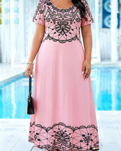 Plus Size Geometric Lace Print Maxi Dress