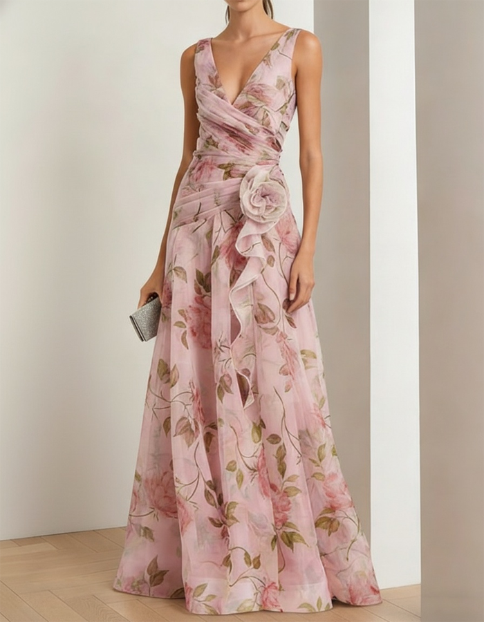 Light Pink Floral Chiffon Deep V-neck Sleeveless Maxi Dress