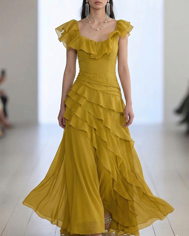 Romantic Mustard Yellow Ruffle Square Neck Maxi Dress