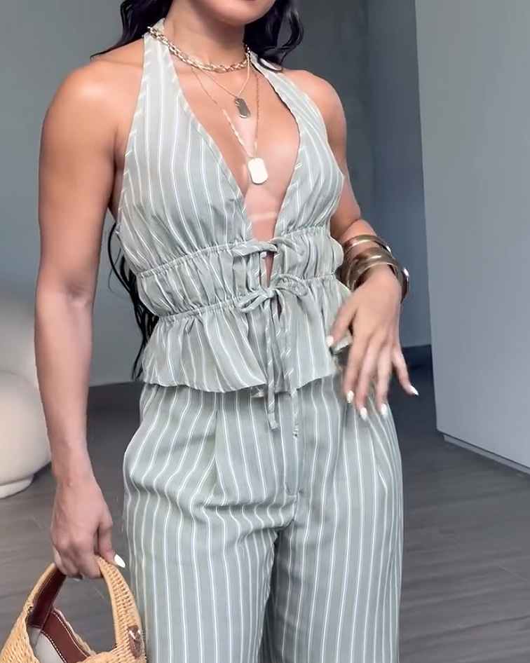 Sleeveless Striped Print Casual Two-Piece Set