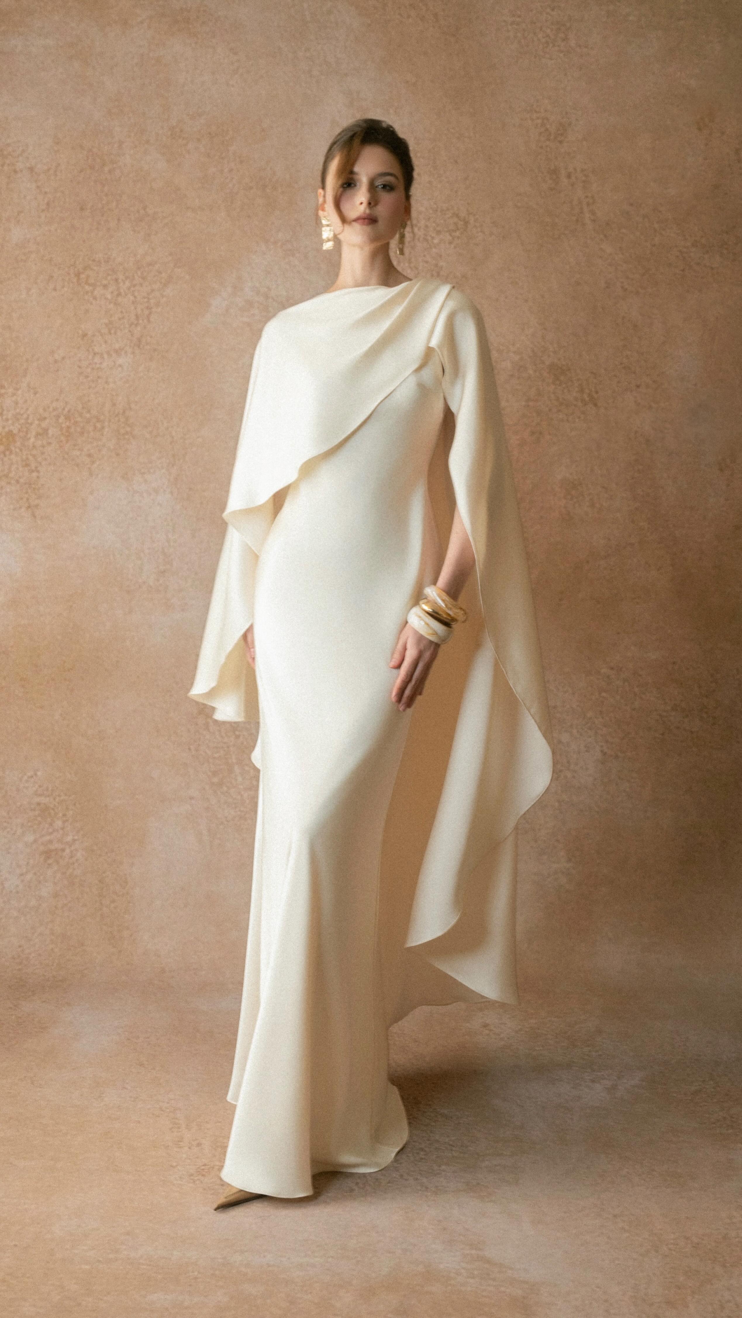 Cream Satin Formal Evening Maxi Dress