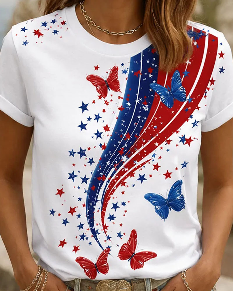 Plus Size 250th Anniversary Art Print Casual V-neck T-Shirt