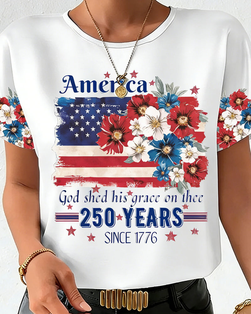 Women's 250th Anniversary National Flag Floral Print Casual T-Shirt
