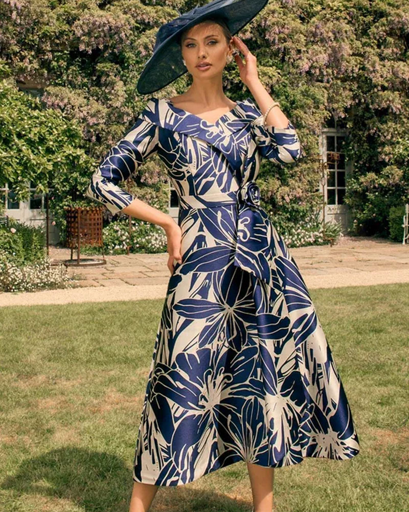 Navy Floral Print Belted Midi Dress