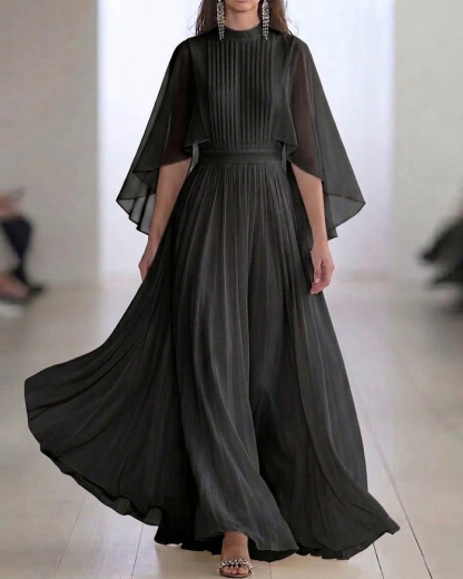 Elegant Pleated Cape Sleeve Maxi Dress, Flowy Chiffon Formal Evening Gown