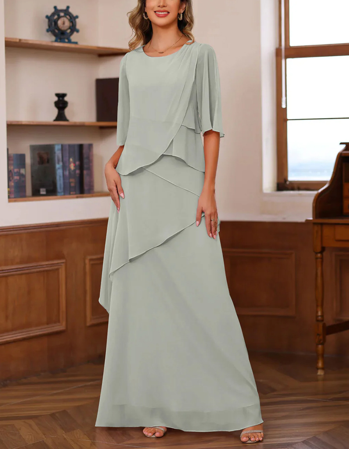 Solid Color Chiffon With Irregular Layering Maxi Dress