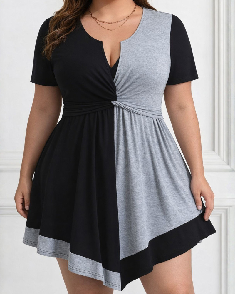 Women's Plus Size Color Block Short Sleeve V-Neck Twist Front A-Line Dress