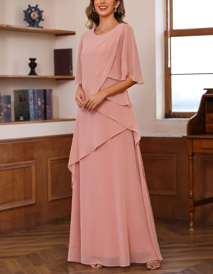 Solid Color Chiffon With Irregular Layering Maxi Dress