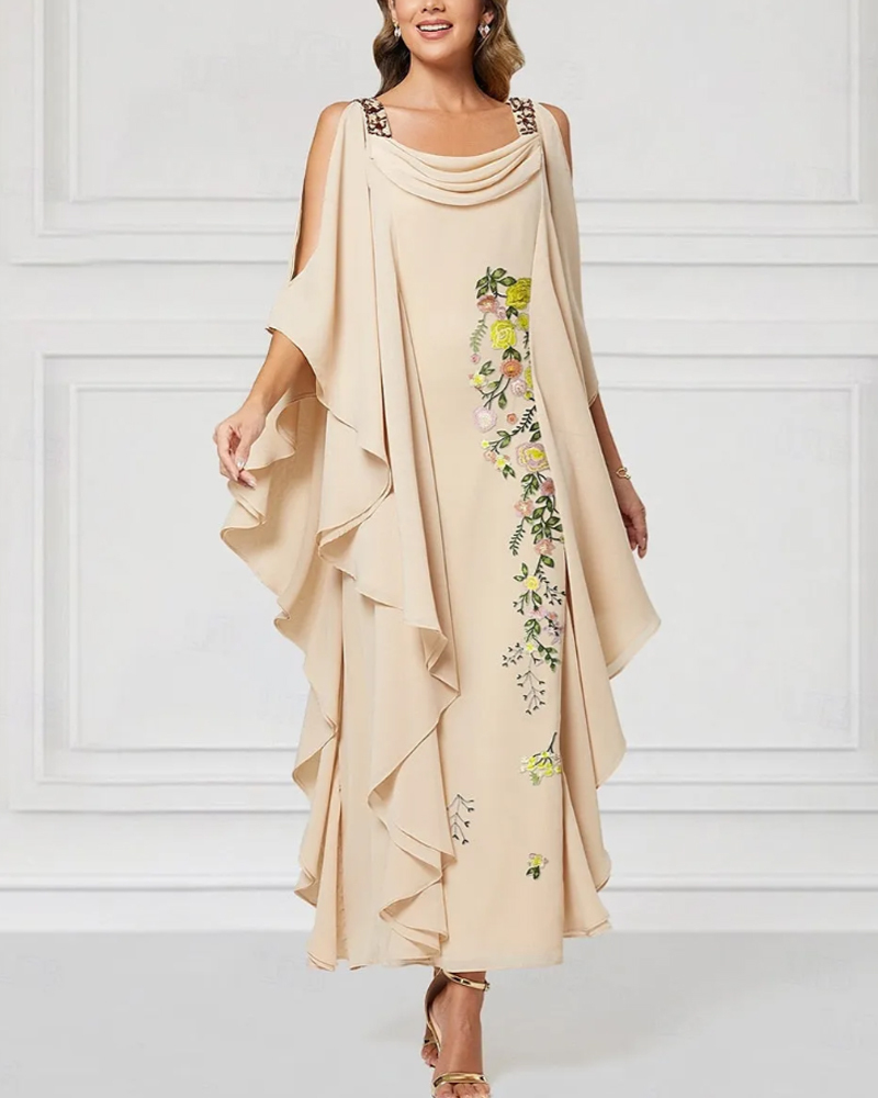 Flowers Floral Print Cape Sleeve Ankle-Length   Dresses