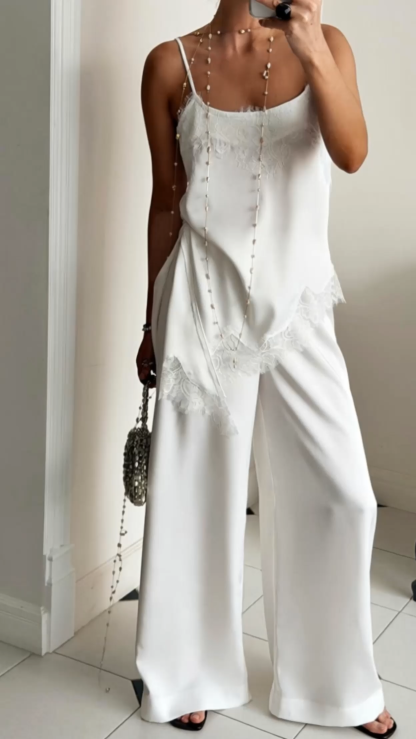 Lace Trim Cami and Satin Wide Leg Pants Two-Piece Set
